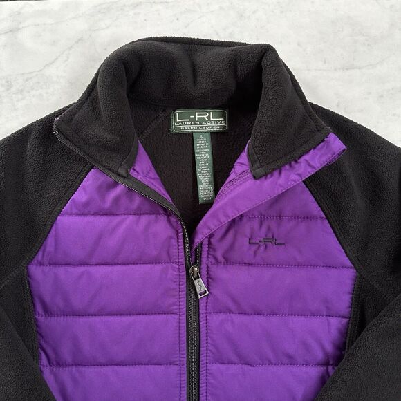 LRL Ralph Lauren Active Women Small Black Fleece Purple Quilted Full Zip Jacket - Picture 3 of 12